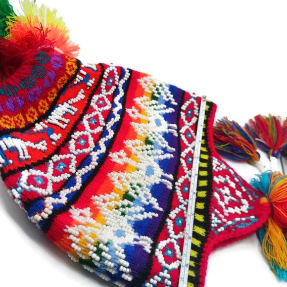 Chullo Unisex Hecho Mano Cuentas Multicolores, Pájaros Diseños Geométricos